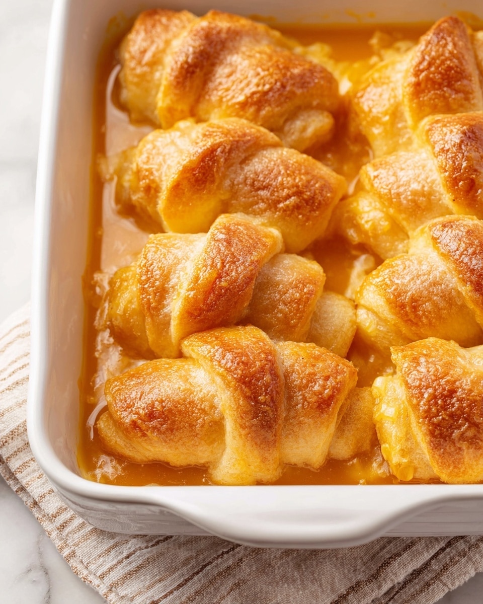 The image shows a white baking dish filled with six golden brown crescent rolls arranged closely in two rows. Each roll looks soft and flaky with a slightly shiny surface, and they sit in a shallow pool of orange sauce that gives a warm and moist look. The edges of the rolls are lightly crisped, and the texture looks tender and layered. The dish rests on a white marbled surface with a beige and gray striped cloth partially visible beneath it. Photo taken with an iphone --ar 4:5 --v 7