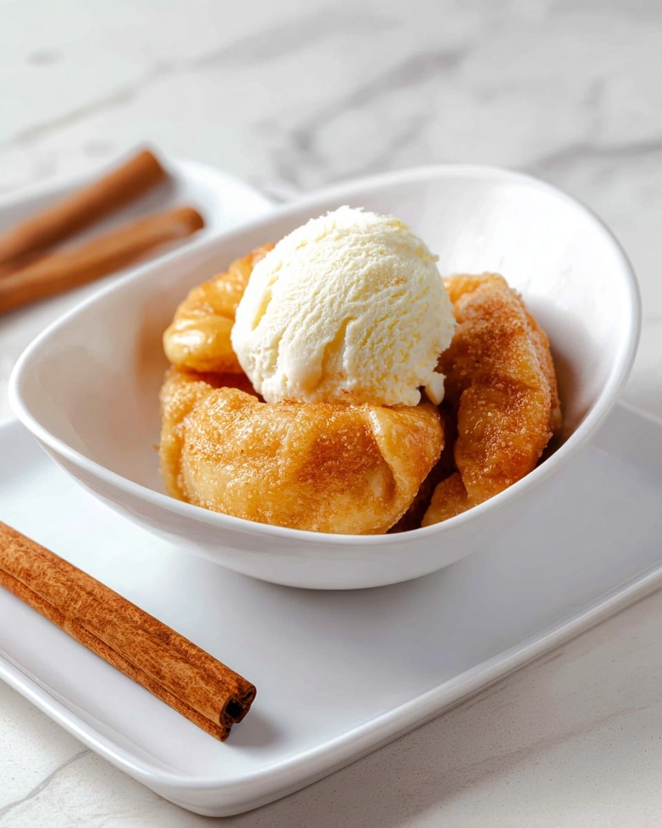 A white bowl holds three golden-brown crescent-shaped pastries with a slightly crispy texture, placed in a cluster at the base. On top of them sits a single scoop of white, creamy ice cream, showing a slightly rough texture. To the left of the bowl on a white plate lies a whole cinnamon stick, with the entire setup resting on a white marbled surface. Photo taken with an iphone --ar 4:5 --v 7