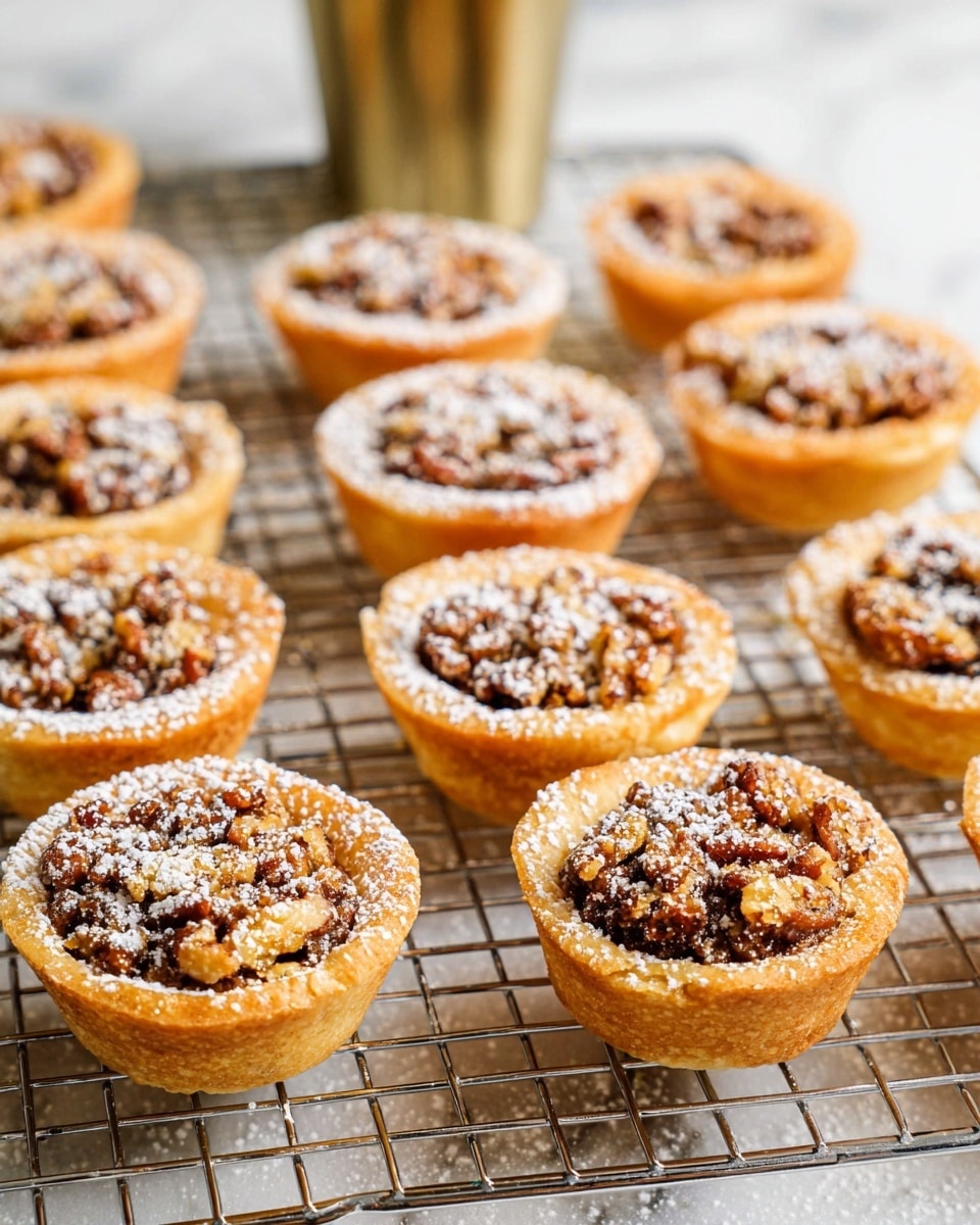 The image shows small round pastries arranged in three rows on a cooling rack placed over a white marbled textured surface. Each mini pastry has a golden-brown crust forming the base and sides, filled with a darker filling made of chopped nuts and possibly a syrupy or sticky mix, giving the filling a textured, slightly rough top layer. The pastries are finished with a light sprinkling of powdered sugar dusted evenly on top, giving a slightly white, powdery look against the darker filling. A metal cup is blurred in the background behind the pastries. Photo taken with an iphone --ar 4:5 --v 7