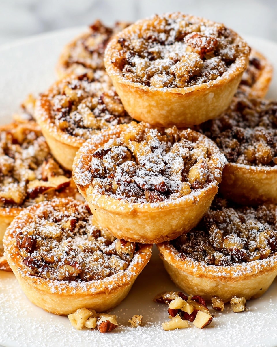 A group of small round tarts stacked on a white plate, each tart has a golden flaky crust forming the base and sides with a slightly raised edge, the filling is a textured mix of chopped nuts in light to dark brown shades, topped with a dusting of white powdered sugar that lightly covers the tart tops and plate. Some pieces of nuts are scattered around the plate on a white marbled surface. Photo taken with an iphone --ar 4:5 --v 7