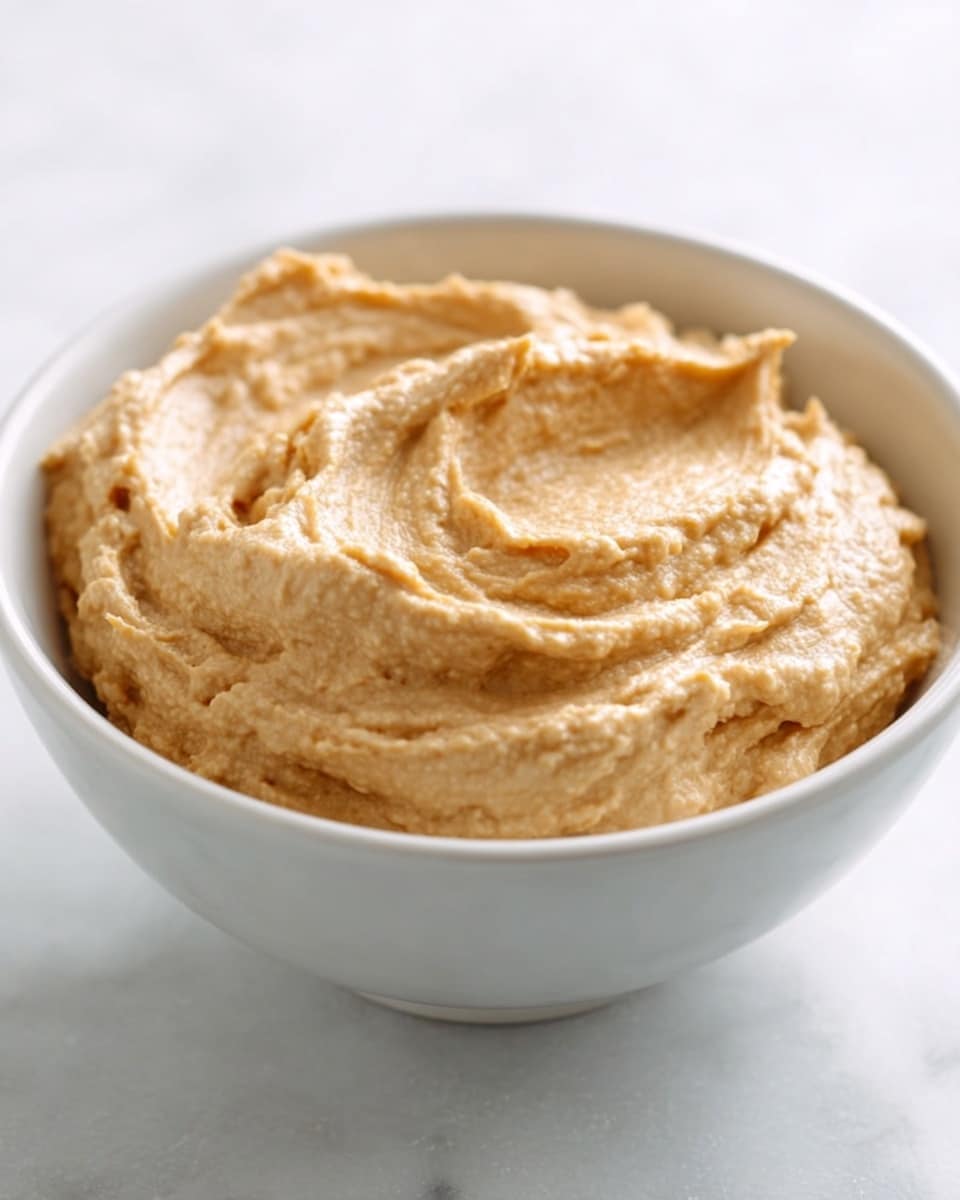 A white bowl filled with a single layer of light brown, creamy hummus with a slightly rough texture and swirled peaks on the surface. The bowl sits on a white marbled surface, and the hummus looks smooth but thick, with visible swirls from being spread or stirred. The lighting highlights the hummus's texture and the bowl’s round shape. Photo taken with an iphone --ar 4:5 --v 7
