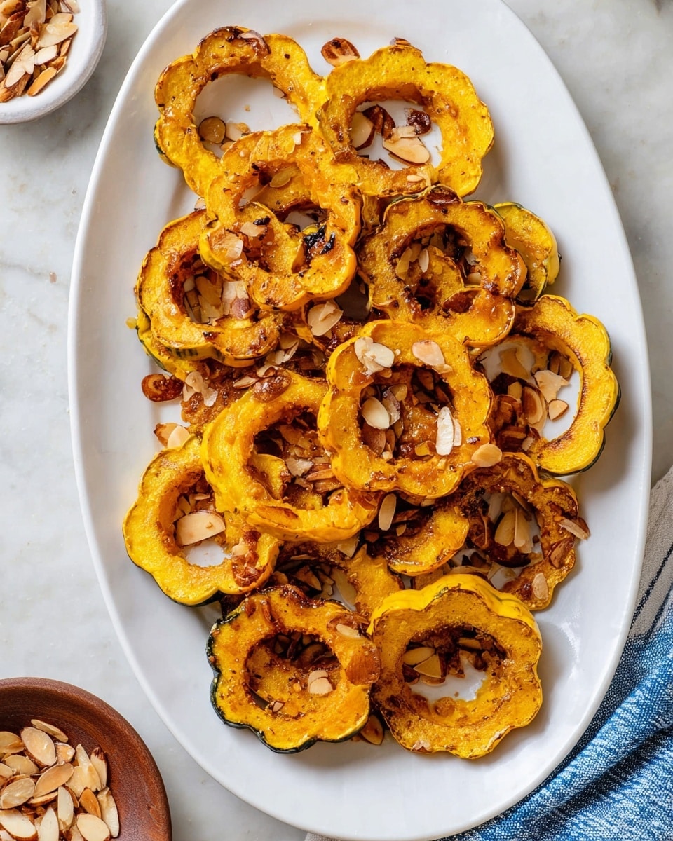 The image shows roasted orange-yellow squash rings arranged in one layer on a large white plate, each ring having a slightly crispy, golden-brown edge. Scattered on and around the squash are small, toasted almond slices with a light brown, speckled texture. The background features a white marbled surface with a small wooden bowl filled with more almond slices and bits of seasoning nearby, and a striped cloth to the side adding subtle detail. photo taken with an iphone --ar 4:5 --v 7