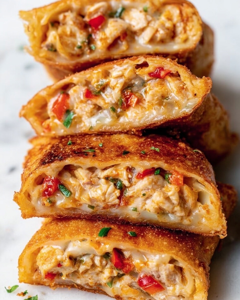 The image shows four pieces of fried wrap, stacked close together on a white marbled surface. Each wrap is cut in half, revealing a thick, golden-brown crispy outer layer with a crunchy texture. Inside, there are two main visible layers: a creamy, light beige filling mixed with small chunks of cooked chicken, and red bell pepper slices scattered throughout. Small green bits, likely herbs, are sprinkled on top for color contrast. The filling looks moist and soft, with a mix of melted cheese adding a gooey touch. Photo taken with an iphone --ar 4:5 --v 7