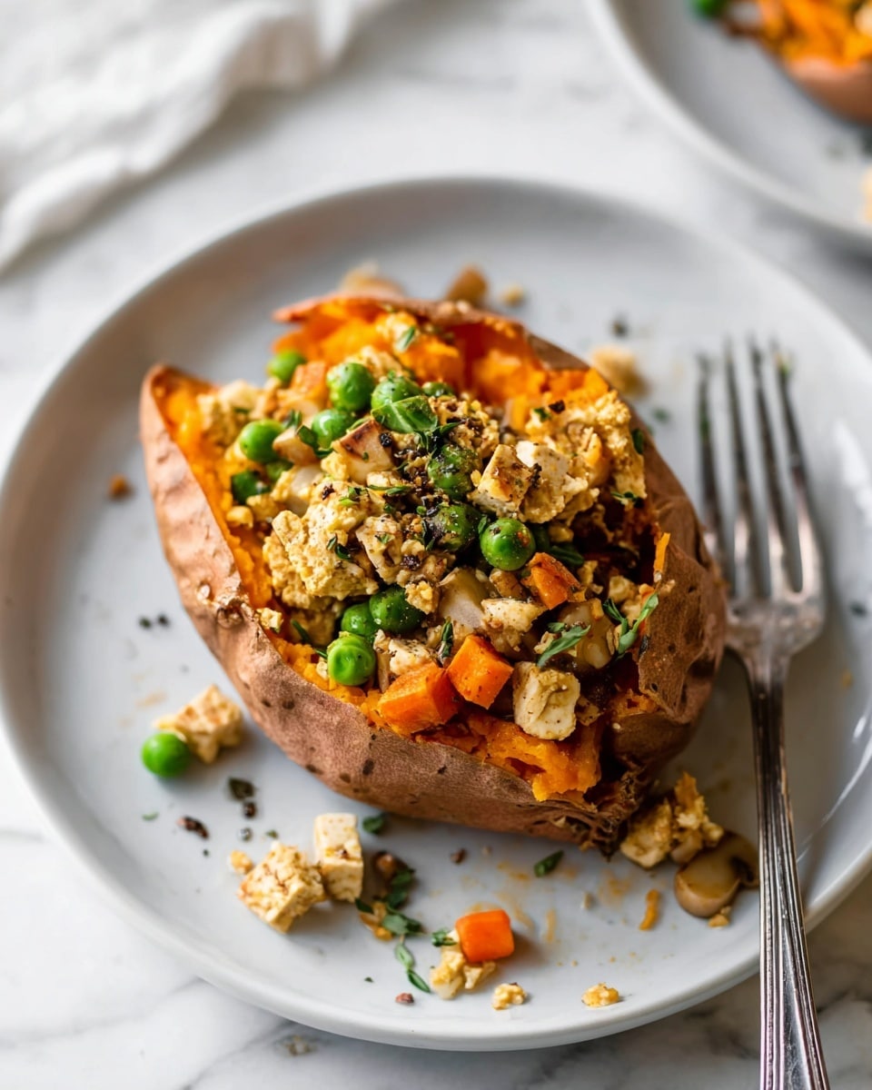 A baked sweet potato with soft orange flesh is placed in the middle of a white plate on a white marbled surface. The sweet potato is opened on top and filled with a mix of small, light-colored chunks of tofu, bright green peas, thin orange bell pepper slices, and small bits of mushroom and herbs, all seasoned with black pepper. Some filling pieces have spilled slightly onto the plate beside the sweet potato. A silver fork rests on the right side of the plate. Photo taken with an iphone --ar 4:5 --v 7