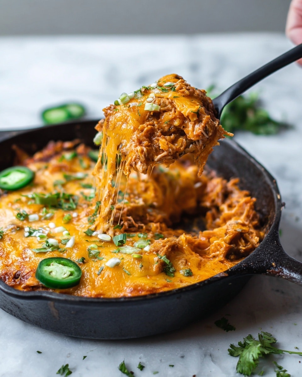 A close-up of a black cast iron pan filled with a cheesy, orange-colored casserole with bits of meat and sauce visible in the mix. The top layer is golden melted cheese with small green herb pieces sprinkled over it and thin slices of green jalapeño peppers on one side. A woman’s hand is holding a black spoon lifting a large, stringy portion of the cheesy casserole showing tender layers of meat mixed with melted cheese. The pan sits on a white marbled surface with a few green herb leaves scattered around. photo taken with an iphone --ar 4:5 --v 7