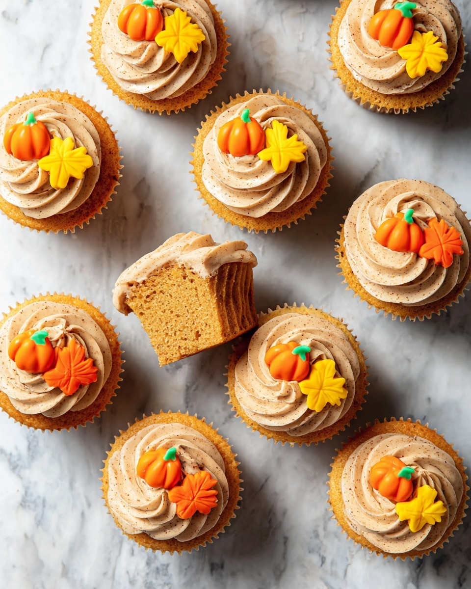 The image shows nine pumpkin cupcakes placed on a white marbled surface. Each cupcake has one main layer of orange pumpkin cake, topped with a generous swirl of light brown speckled frosting. On top of each cupcake, there are small orange candy decorations shaped like pumpkins and autumn leaves in bright orange and yellow. One cupcake in the center is partially unwrapped, showing the soft pumpkin cake inside and frosting on top. The cupcake papers are light brown. The overall look is warm and festive, with clear texture on the frosting swirls and the smooth, shiny candy decorations photo taken with an iphone --ar 4:5 --v 7