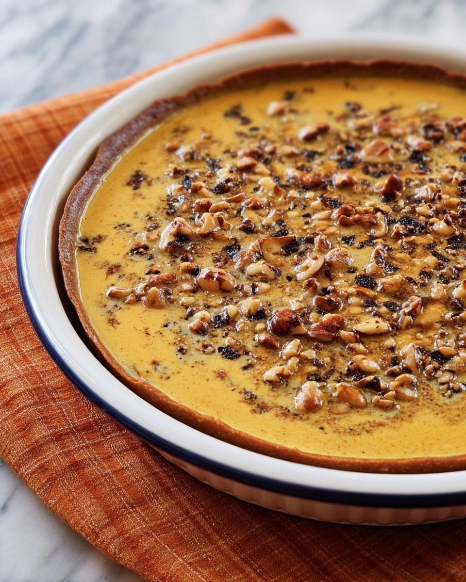 The dish is a pie in a white ceramic dish with a slightly crimped crust edge. The top layer is smooth and golden brown with a glossy finish, scattered evenly with small dark toasted nuts or seeds creating a textured pattern. The pie sits on a burnt orange cloth on a white marbled surface, with part of a woman's hand and a wooden spoon visible in the background. Photo taken with an iphone --ar 4:5 --v 7