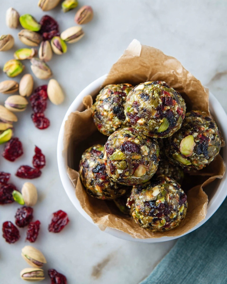 The image shows several round energy balls arranged in two neat rows on a wooden board. Each ball is made of mixed nuts, seeds, and dried fruits, giving them a rich texture with spotted green, brown, beige, and dark red colors spread evenly throughout. The balls have a rough and chunky surface, showing pieces of pistachios, chia seeds, and dried cranberries clearly. The background has a soft white marbled texture that adds a clean and fresh feel to the image. Photo taken with an iphone --ar 4:5 --v 7