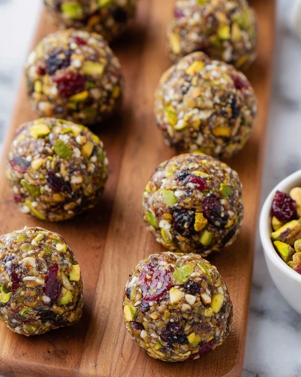 A white bowl lined with crumpled brown paper holds a stack of round energy balls made of chopped nuts and dried fruits, showing green, brown, and dark red colors in a chunky texture; to the left on a white marbled surface, there are scattered whole and sliced pistachios along with dried red cranberries. Photo taken with an iphone --ar 4:5 --v 7