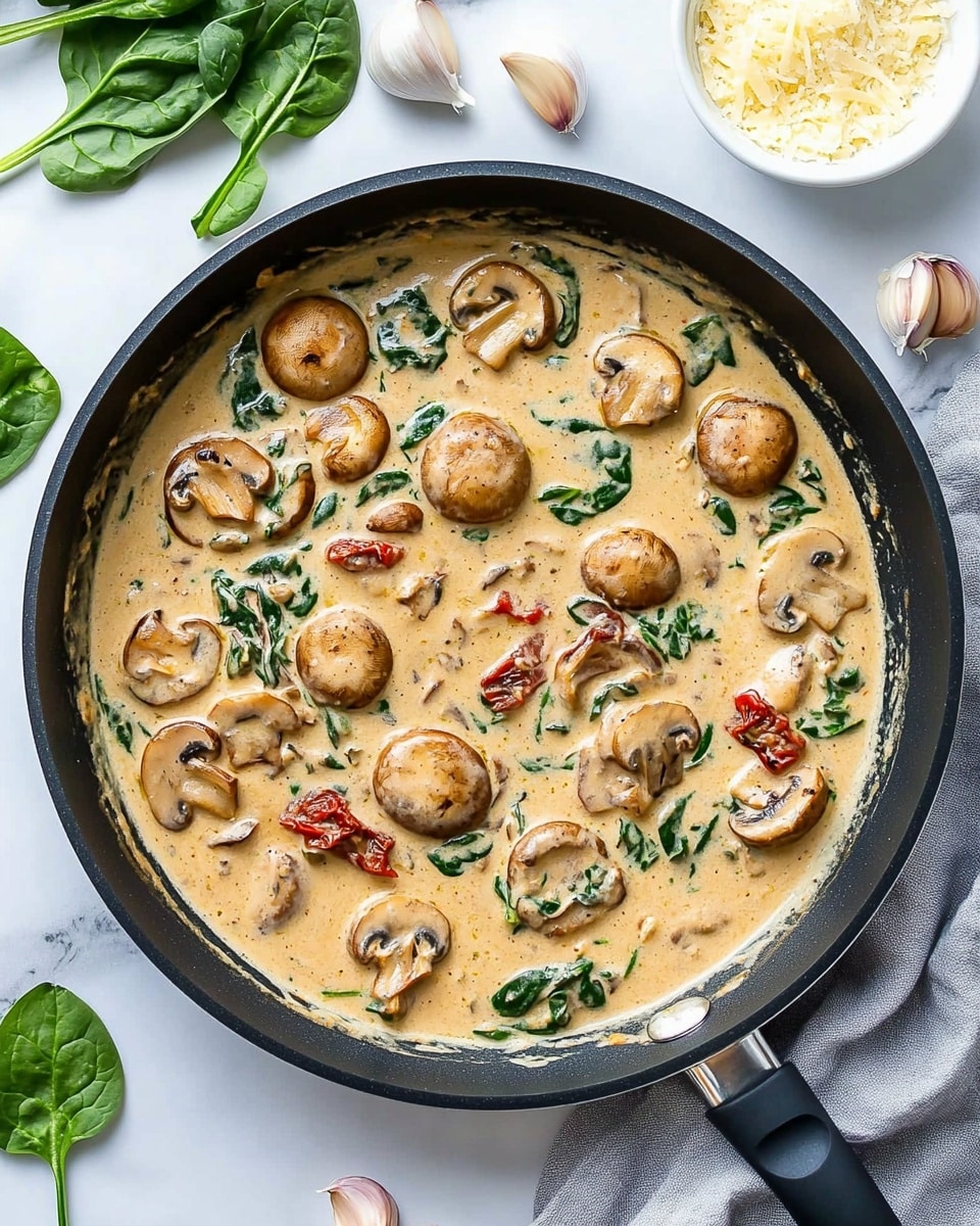 A black pan is filled with creamy sauce and whole mushrooms floating on top, mixed with pieces of spinach and small bits of sun-dried tomatoes scattered throughout. The sauce is light tan with green and reddish accents from the spinach and tomatoes. Around the pan, fresh spinach leaves and garlic cloves are placed on a white marbled surface, and a small white bowl with grated cheese sits to the side. The pan handle is wrapped in a gray cloth. photo taken with an iphone --ar 4:5 --v 6.1