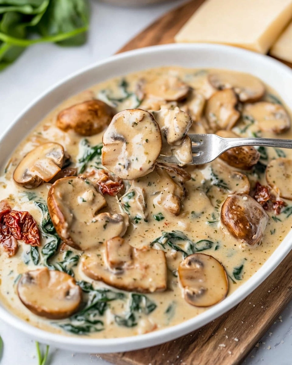 A white oval plate sits on a wooden board with a creamy sauce dish of whole, light tan mushrooms soaked in a thick, light brown sauce mixed with green spinach leaves and small pieces of red sun-dried tomatoes scattered throughout. The sauce has a smooth texture with specks of herbs visible. In the foreground, a fork holds up a single mushroom slice coated in the sauce along with some spinach and tomato. Surrounding the plate are pieces of sliced light brown bread, some whole spinach leaves on the white marbled surface, and a small bowl of grated cheese in the background. photo taken with an iphone --ar 4:5 --v 6.1