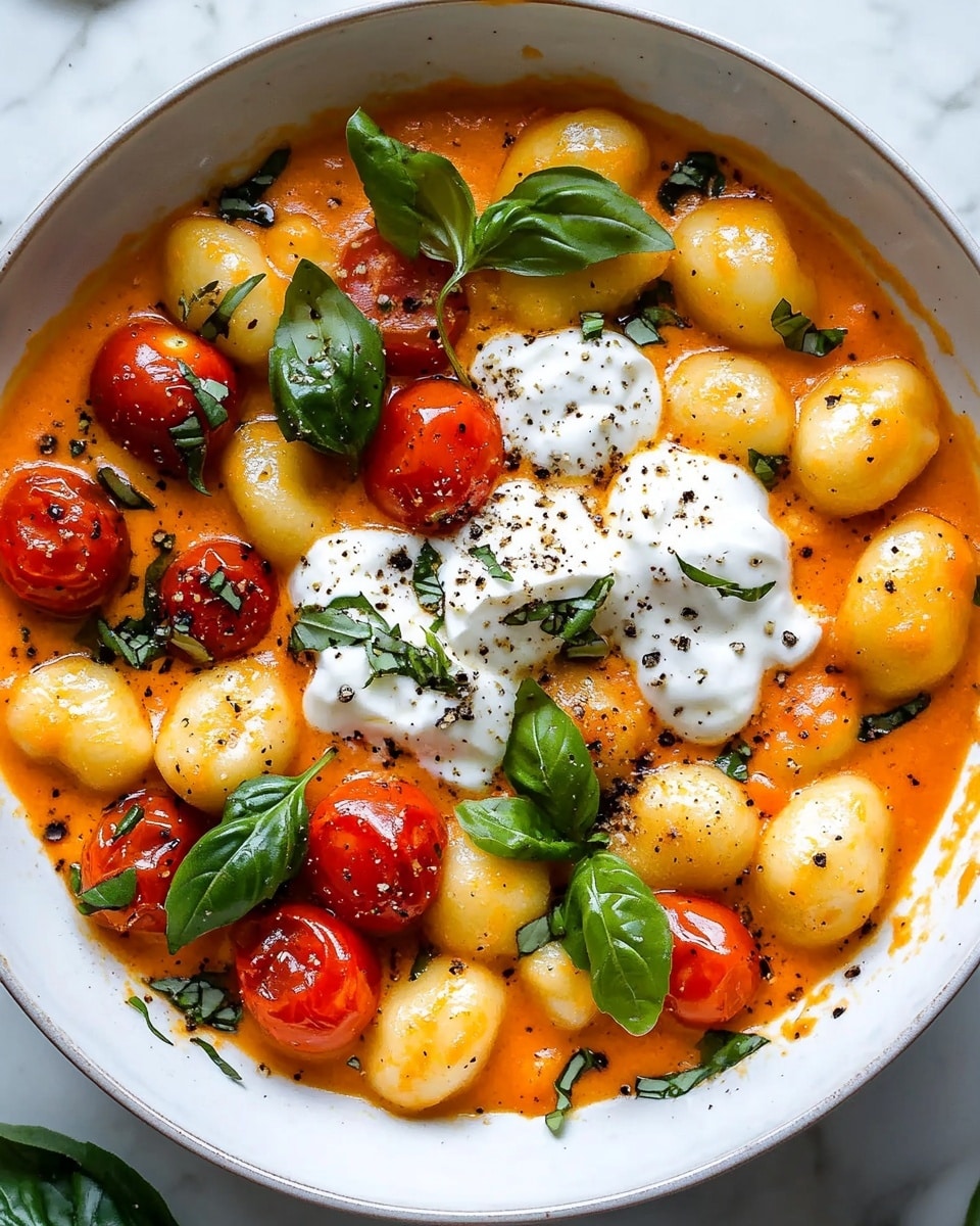 The image shows a white bowl filled with soft, yellow gnocchi pasta mixed with small red cherry tomatoes and creamy white cheese dollops scattered throughout. The dish is sprinkled with black pepper and red chili flakes, which add a bit of texture and color contrast. Fresh green basil leaves sit on top, adding brightness to the warm-toned meal. The bowl is placed on a green speckled plate, and there is a visible gold spoon inside the bowl on the right side. In the background, a woman s hand holds a small brown bowl filled with red chili flakes, all set on a white marbled surface. photo taken with an iphone --ar 4:5 --v 6.1