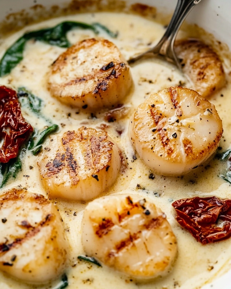 This image shows a close-up of a creamy dish with two layers. The bottom layer has a smooth, white sauce with small specks of black pepper and herbs. Sitting in the sauce are large, thick, light golden pieces of scallops that have a soft texture with grill marks on the surface. Mixed in are dark red, wrinkled sun-dried tomatoes and bright green spinach leaves that add color contrast. The ingredients are in a white bowl, and a silver spoon scoops up some of the scallops and sauce. The background has a white marbled texture. photo taken with an iphone --ar 4:5 --v 6.1