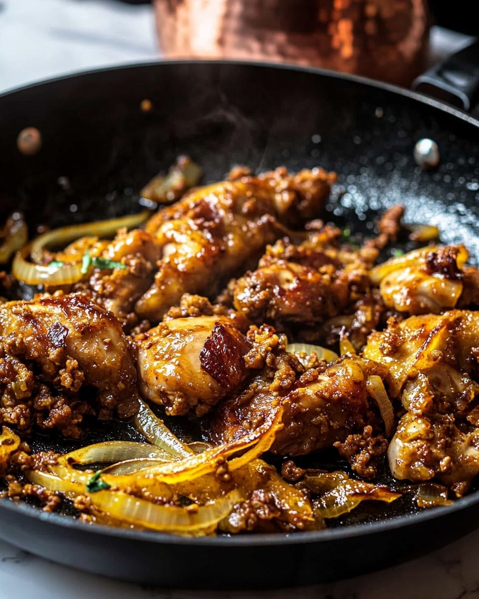 The image shows a black frying pan filled with several pieces of golden brown cooked meat layered with soft, cooked yellow onions and small chunks of browned ground meat scattered around. The meat pieces have a crispy texture on the outside and are mixed with caramelized onions that look slightly translucent with some crunchy browned edges. The pan sits on a surface with a white marbled texture, and there is a copper mug blurred in the background. The lighting highlights the shiny, juicy texture of the food. photo taken with an iphone --ar 4:5 --v 6.1