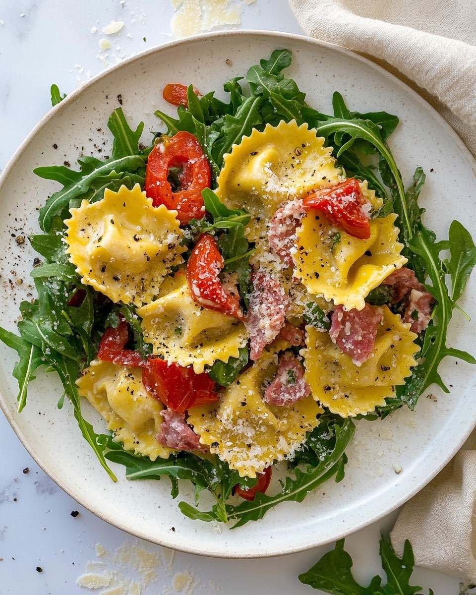 A white round plate is filled with a fresh pasta salad featuring three main layers: large yellow ravioli with a slightly ridged edge and soft texture sit as the base; scattered over the ravioli are bright green arugula leaves, crisp and curly; the top layer is made of small chunks of red roasted peppers and pieces of pink cured meat along with white crumbled cheese sprinkled throughout. A golden fork rests on the right side of the plate, partly under the salad. The plate is set on a surface with a white marbled texture. photo taken with an iphone --ar 4:5 --v 6.1