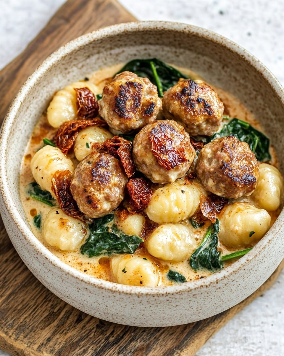 A round white bowl filled with small golden-brown meatballs on the top layer, showing a light toasted texture. Beneath and around the meatballs are soft, pale yellow gnocchi pieces with a smooth and slightly shiny surface, mixed with wilted dark green spinach leaves and some pieces of sun-dried tomatoes with a deep red, slightly wrinkled texture. The bowl sits on a rough wooden board, which is placed on a white marbled surface. In the background, there is a spoon and a fork resting on the board. Photo taken with an iphone --ar 4:5 --v 6.1