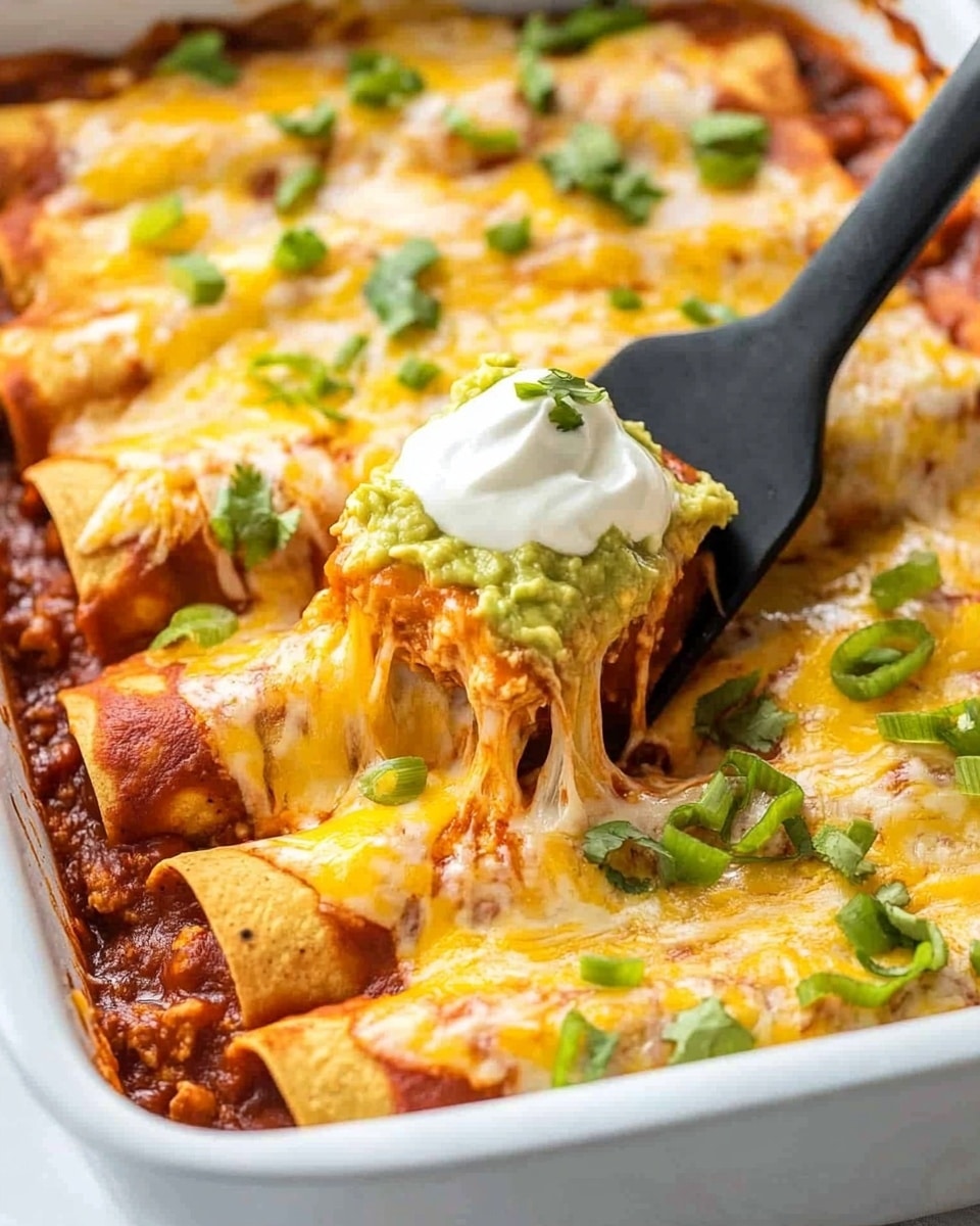 The dish shows a white baking dish filled with rolled enchiladas laid side by side in two layers. Each enchilada is covered in a rich red sauce and a layer of melted yellow and light orange cheese on top. Bright green sliced scallions are sprinkled all over the cheese, adding small pops of color. Two dollops stand out prominently near the center, one of smooth white sour cream and the other of chunky green guacamole. A black spatula is lifting one enchilada from the corner, showing the soft yellowish tortilla beneath the sauce and cheese. The background is a white marbled surface. Photo taken with an iphone --ar 4:5 --v 6.1