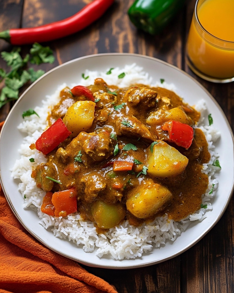The image shows a white plate with a layer of white rice spread out as the base. On top, there is a thick layer of brownish-green stew with visible chunks of chicken, potatoes, and red peppers, all coated in a rich, textured sauce. Around the plate, there are two gold forks placed diagonally on opposite sides. The plate rests on a wooden surface, with a glass of orange juice with ice nearby. Small green herbs and two whole peppers, one green and one red, are scattered around, along with an orange cloth partially under the plate. photo taken with an iphone --ar 4:5 --v 6.1