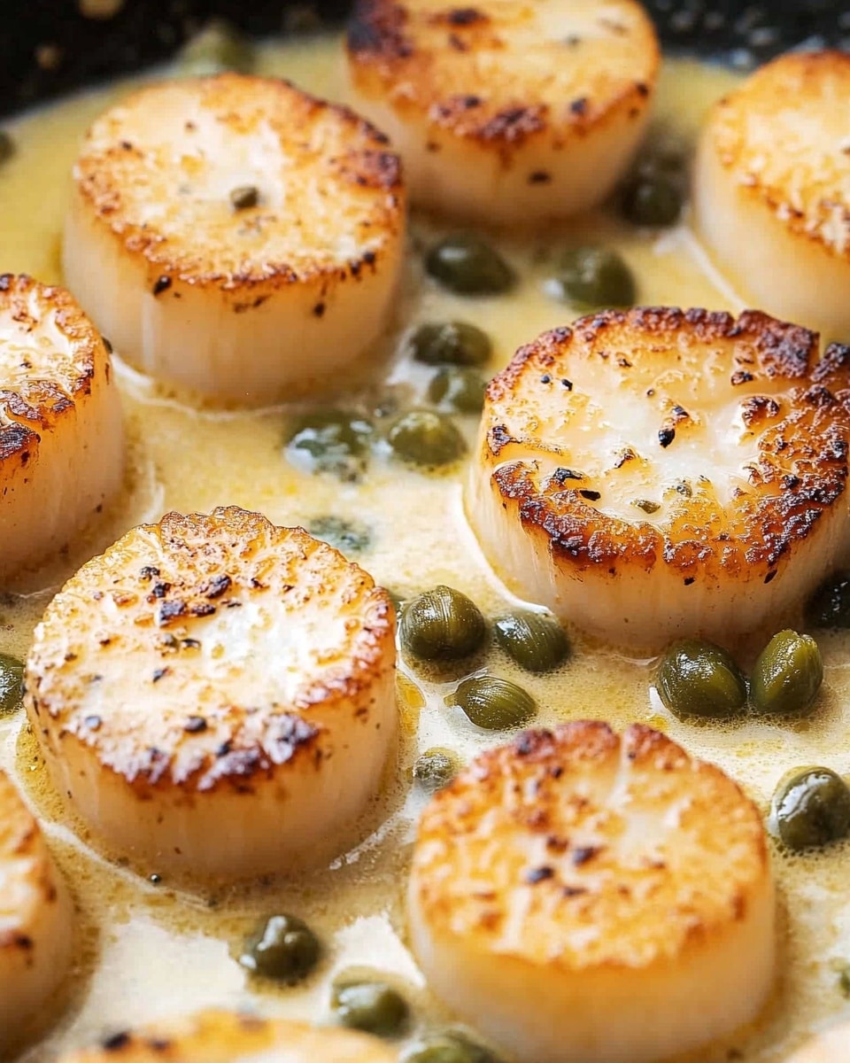 The image shows a close-up of several round scallops with a golden-brown crust on top, lightly browned on the sides, sitting in a creamy light yellow sauce. Green capers are scattered throughout the sauce around the scallops. The texture of the scallops looks firm but tender, contrasting with the smooth sauce. The dish is presented in a pan with a dark background, with light reflecting softly on the sauce and scallops. photo taken with an iphone --ar 4:5 --v 6.1