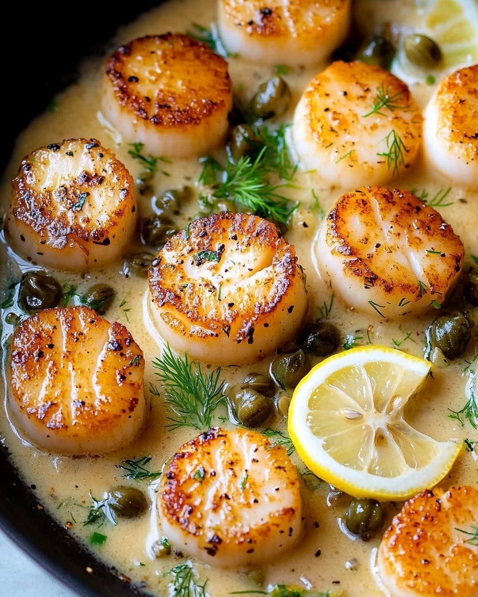 The image shows a close-up of a black pan filled with golden-brown seared scallops arranged in a scattered pattern. Each scallop has a crispy caramelized surface with soft white edges. They sit in a creamy beige sauce dotted with small green capers and finely chopped herbs. Two thin lemon slices rest on top of the sauce near the scallops, adding a fresh touch. Small fresh green dill sprigs are scattered throughout, adding color contrast. The sauce looks rich and smooth, speckled with ground black pepper. The background is a white marbled surface. photo taken with an iphone --ar 4:5 --v 6.1