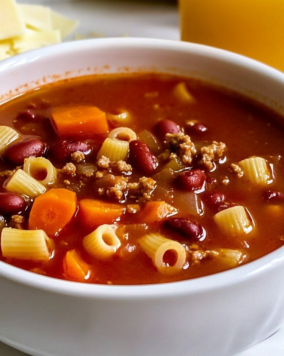 A close-up of a white bowl filled with a thick tomato soup with visible ingredients like small pasta tubes, red beans, chunks of orange carrot, ground meat, and bits of tomato. The soup has a reddish color with a slightly glossy, textured surface. In the background, there is shredded white cheese scattered on a white marbled surface and a glass filled with orange juice that is slightly blurred. Photo taken with an iphone --ar 4:5 --v 6.1