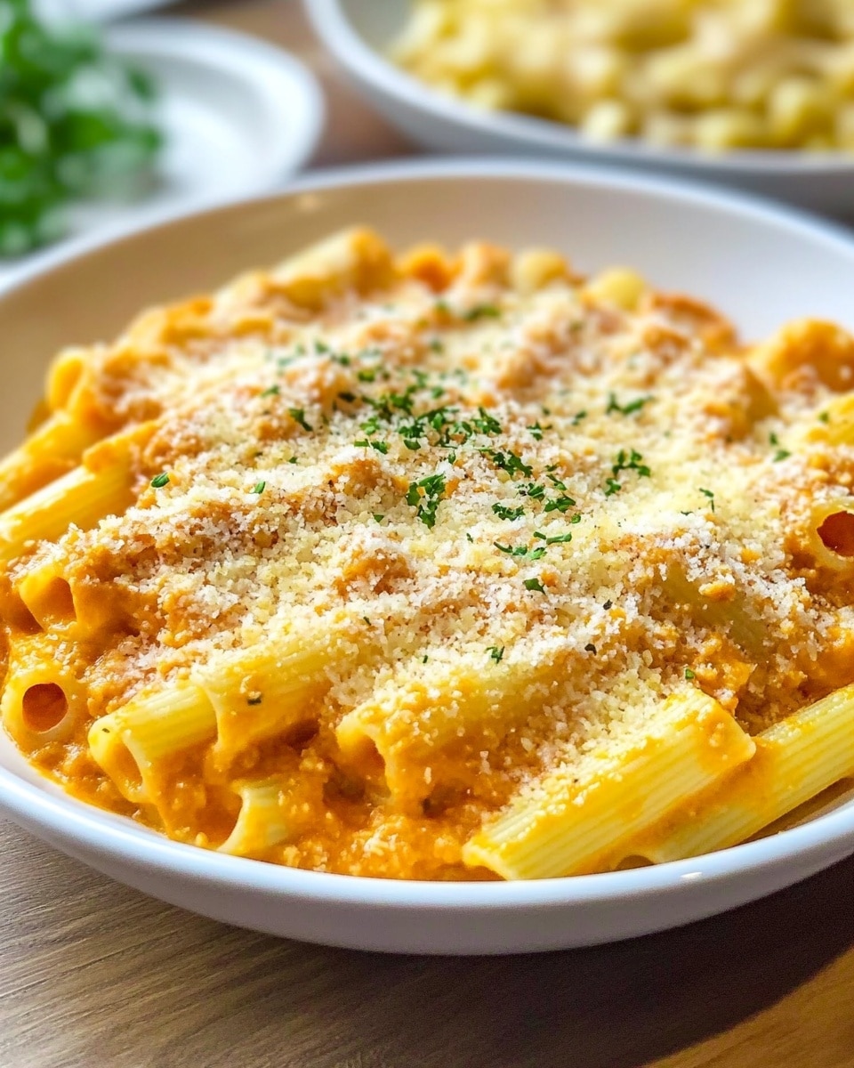 A white plate filled with ziti pasta at the base, covered with a creamy orange sauce mixed with small pieces of meat. On top, there is a thick layer of shredded white cheese, slightly melted, with some green herbs sprinkled around. The dish is placed on a white marbled surface, with part of a white bowl containing green leafy vegetables in the background. A silver fork and a small portion of the same pasta can be seen next to the plate. photo taken with an iphone --ar 4:5 --v 6.1