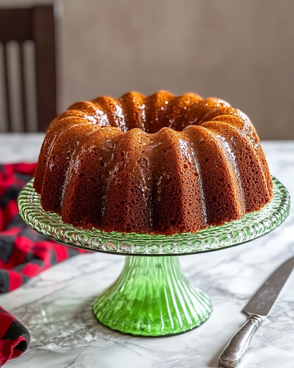 A single slice of bundt cake sits on a white plate with ridged edges. The cake has one main layer, showing a moist, crumbly texture with small bits of green zucchini visible throughout. The top surface is covered with a thick, shiny brown glaze that drips slightly down the sides. The background features a red, black, and green plaid cloth on a white marbled surface, softly blurred to keep focus on the cake. Photo taken with an iphone --ar 4:5 --v 6.1