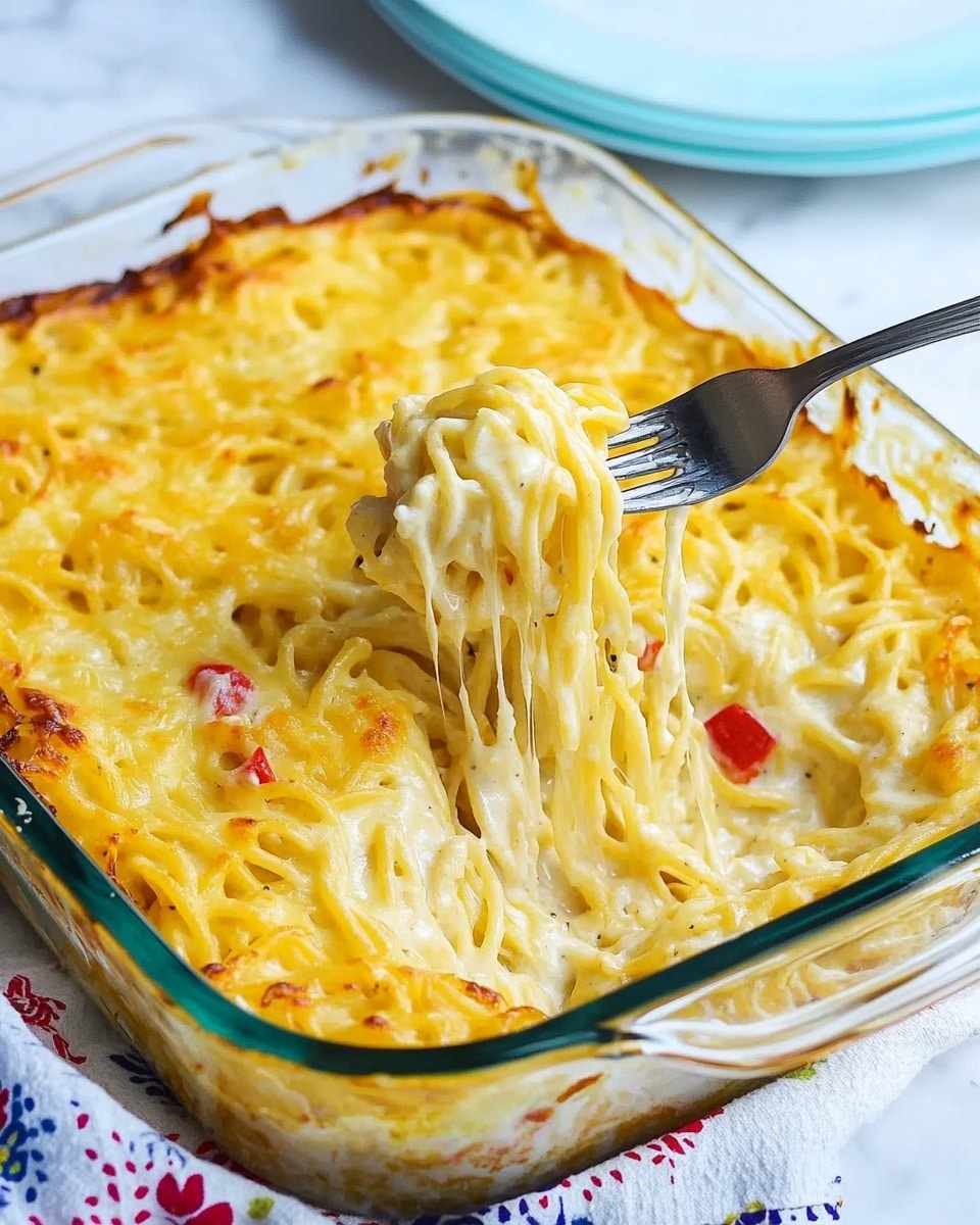 A glass baking dish filled with a creamy baked noodle casserole, showing about three layers: a base of spaghetti noodles, a middle layer with white sauce and small red pepper pieces, and a top layer covered with melted yellow cheese that looks smooth and slightly browned around the edges. A fork is lifting a portion of the noodles from the center, displaying the tangled, creamy noodles mixed with the red pieces and cheese. The dish sits on a white marbled surface with a white cloth decorated with colorful patterns underneath it. In the background, there is a white plate with a blue rim and two forks resting on it. Photo taken with an iphone --ar 4:5 --v 6.1
