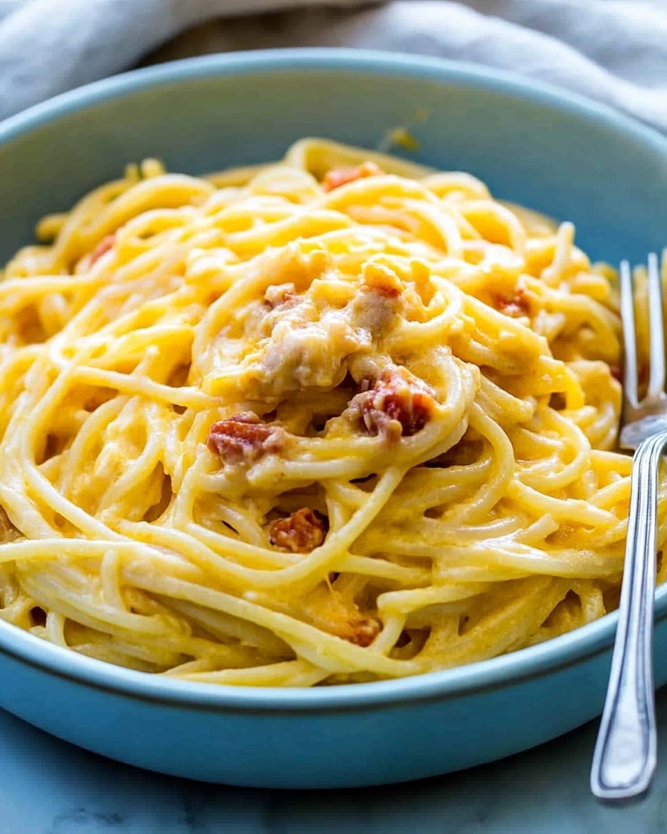 A close-up view of a light blue bowl filled with creamy yellow spaghetti mixed with small orange-red bits of meat, with a layer of melted cheese covering the pasta, giving it a shiny texture. The spaghetti is twisted in a mound shape in the center of the bowl. A silver fork is partly inserted into the pasta on the right side. The bowl sits on a white marbled surface with a light gray cloth napkin peeking out from beneath it. Photo taken with an iphone --ar 4:5 --v 6.1