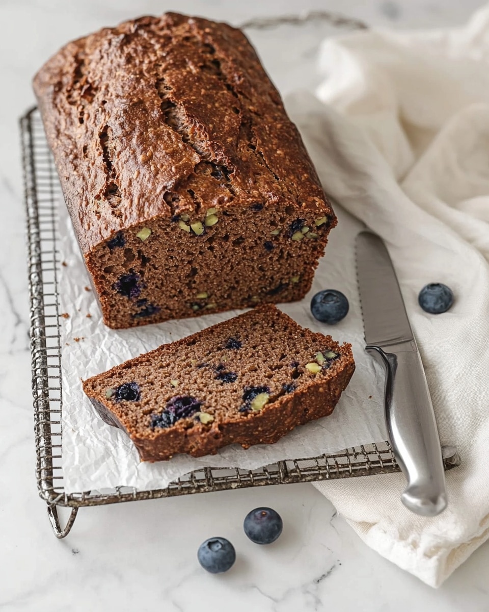A loaf of brown bread with a textured, cracked top, placed on white parchment paper over a rustic metal cooling rack with a metal handle. Two slices are cut at the front, showing the inside with green and dark bits, along with visible pieces of nuts and blueberries. Two blueberries sit near the sliced bread. To the right, a silver butter knife rests on a folded cream cloth, all set on a white marbled countertop. photo taken with an iphone --ar 4:5 --v 6.1