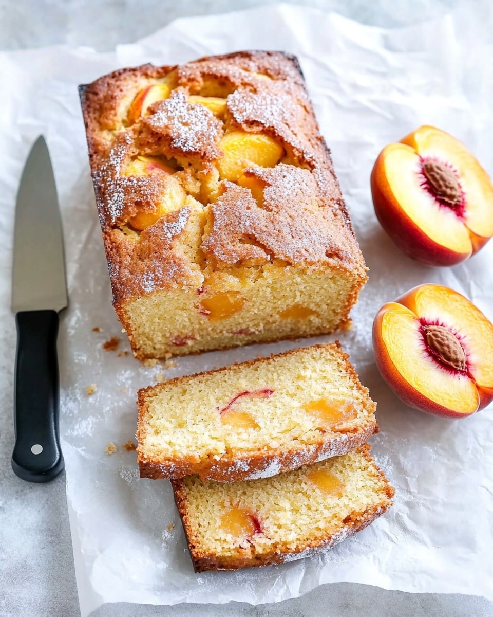 A loaf of peach cake sits on white parchment paper on a white marbled surface, with three even slices cut and laid behind it showing a light yellow crumb with small peach chunks inside. The cake top is golden brown with visible pieces of baked peach embedded in it, sprinkled lightly with sugar. To the right side of the cake, two peach halves with bright yellow-orange flesh and red pits rest on the surface. A knife with a black handle lies to the left of the cake on the parchment. The whole scene looks fresh and inviting. photo taken with an iphone --ar 4:5 --v 6.1