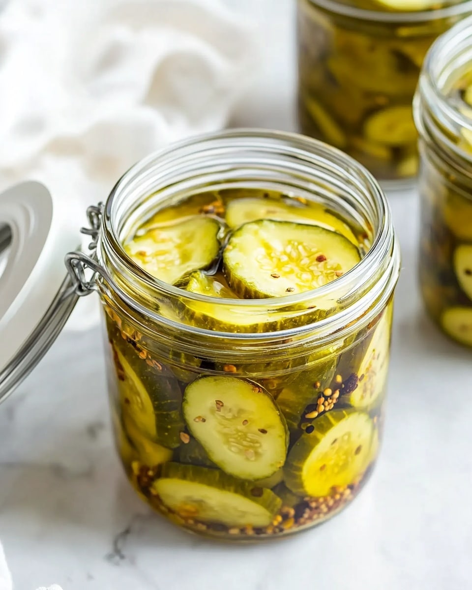 A clear glass jar filled with many thin slices of green pickles soaked in a yellowish brine with tiny seeds and spices visible inside. The jar is open, showing the top layer of pickles tightly packed together with bright light reflecting off their wet surface. In the background, three other glass jars also filled with pickles slightly blurred, sitting on a white marbled surface. A white and silver lid lies beside the open jar, and a white textured cloth is partially visible to the left. Photo taken with an iphone --ar 4:5 --v 6.1