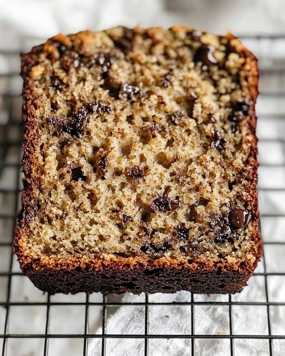 A close-up of a thick slice of dark brown banana bread with visible chocolate chips inside, showing a bite taken from one corner, placed directly on a white marbled surface. The bread slice has a textured, moist crumb with darker caramelized edges. In the background, several more similar slices are out of focus, adding depth to the photo taken with an iphone --ar 4:5 --v 6.1