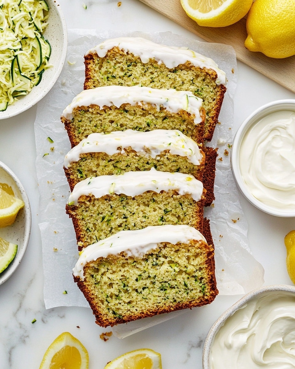 Four slices of a yellow-green cake with small green specks are stacked in the center on a white marbled surface. Each slice has a thick white icing layer mainly on the bottom and sides. To the left of the stack, one slice lies flat, showing more of the same texture and color. Three thin yellow lemon slices are placed in front of the stack. In the background, on the left side, there is a white bowl filled with finely shredded green vegetables. To the right, a small ceramic bowl holds smooth white cream, and a white bowl behind it contains several whole yellow lemons. The photo has soft natural light and a clean, bright look. photo taken with an iphone --ar 4:5 --v 6.1