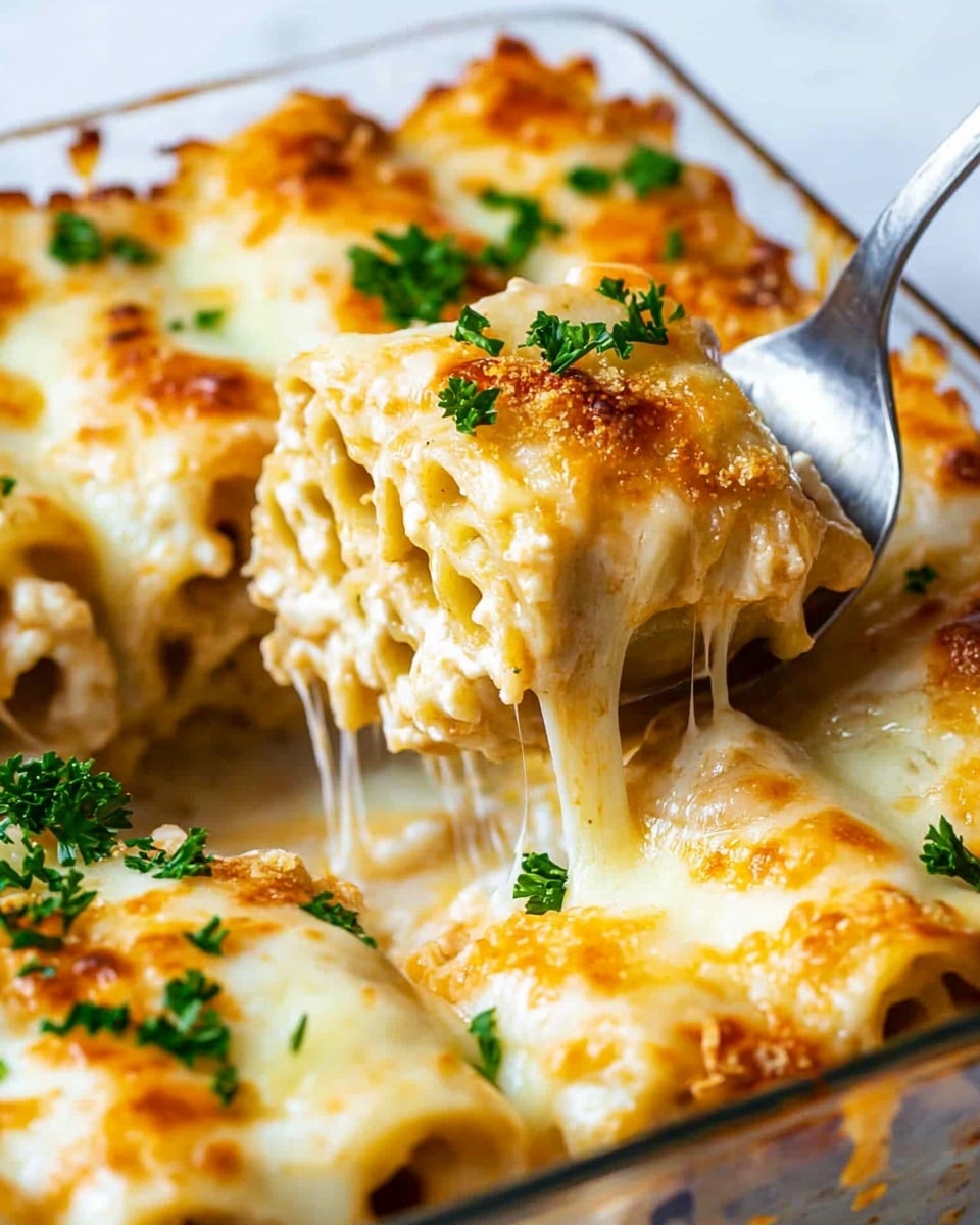 The image shows a glass baking dish filled with several rolled lasagna pieces, each covered with a golden-brown melted cheese layer that has a slightly crispy texture on top. The lasagna rolls have light beige pasta with creamy white sauce and stretchy melted cheese inside. Bright green parsley is sprinkled evenly on top for color contrast. A metal serving spoon lifts one rolled piece, showing layers of pasta, cheese, and sauce stretching slightly as it is pulled up. The dish rests on a white marbled surface. Photo taken with an iphone --ar 4:5 --v 6.1