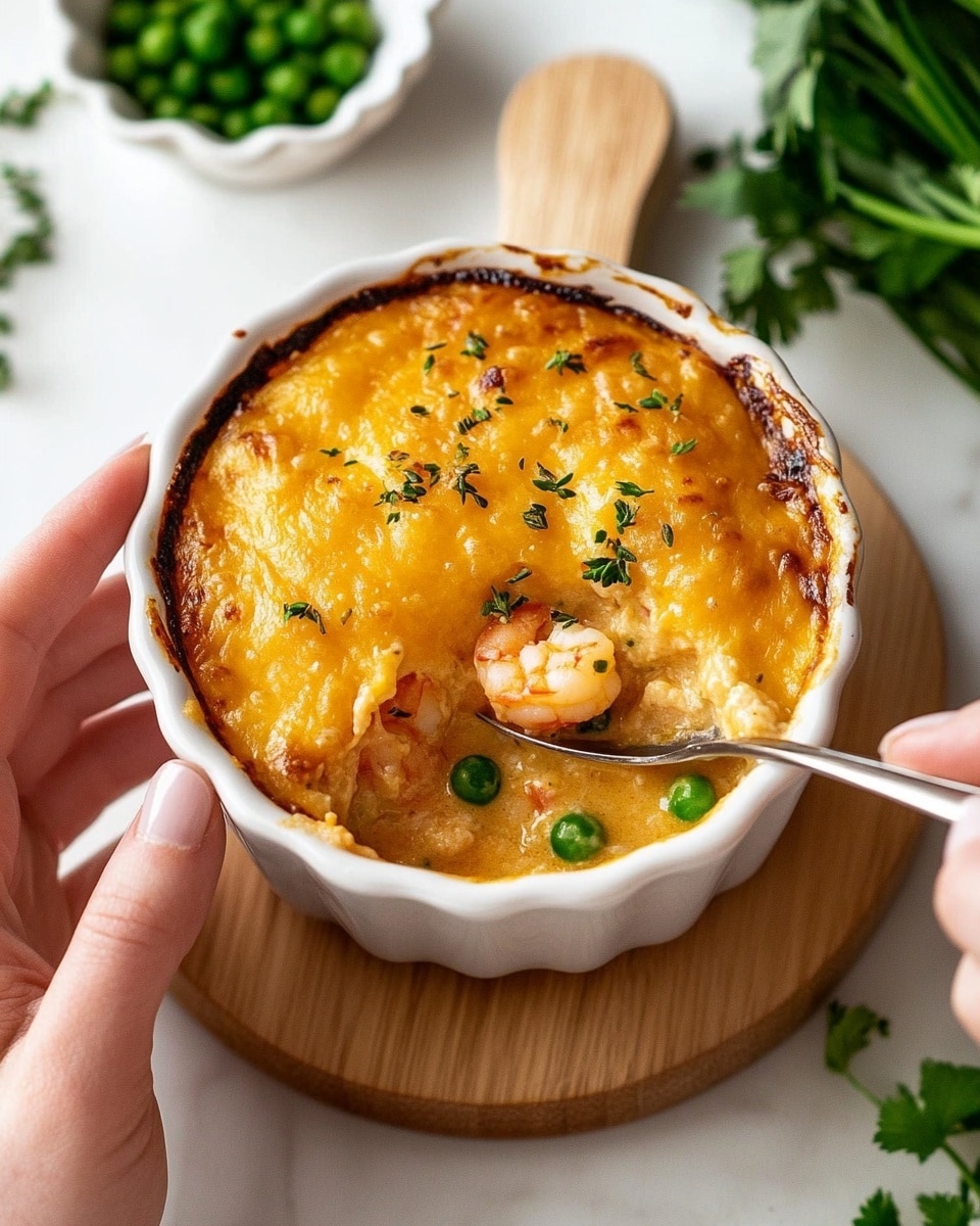 The image shows a small white casserole dish held by a woman's hand, filled with a two-layer meal. The top layer is golden brown and cheesy with small green herb bits, and looks crispy and slightly bubbly. Below this, there is a creamy orange soup or stew with visible shrimp, peas, and bits of red meat. Another woman's hand is holding a spoon, scooping the stew from the dish. The casserole rests on a wooden board with fresh green herbs behind it, and a small white scalloped dish with chopped green onions nearby. The surface beneath is white marble textured. Photo taken with an iphone --ar 4:5 --v 6.1