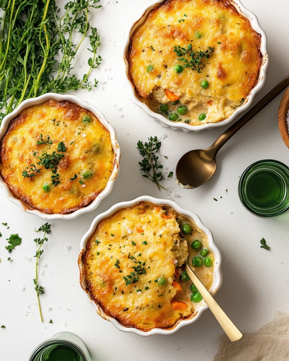 Three white round ramekins are filled with a baked dish showing two layers. The top golden layer looks crispy and slightly uneven with small green herbs sprinkled on it. Under the top layer, a creamy layer with visible green peas and orange carrot pieces is partially shown in the middle ramekin. A bronze spoon rests on the edge of the middle ramekin. Around the ramekins, there are fresh green herb sprigs, a small white scalloped dish holding chopped green herbs, a wooden bowl of coarse salt, and two translucent green glasses. All items are placed on a white marbled surface. photo taken with an iphone --ar 4:5 --v 6.1