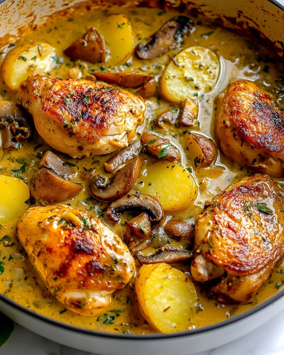 A white pan filled with a creamy yellow sauce full of herbs, sliced mushrooms, and small yellow potato rounds. Large pieces of cooked chicken in a reddish-brown color are partly submerged in the sauce, showing a crisp texture on the skin. The sauce has a thick, smooth texture with small herb bits dotted throughout. The white marbled surface under the pan adds a clean background. photo taken with an iphone --ar 4:5 --v 6.1