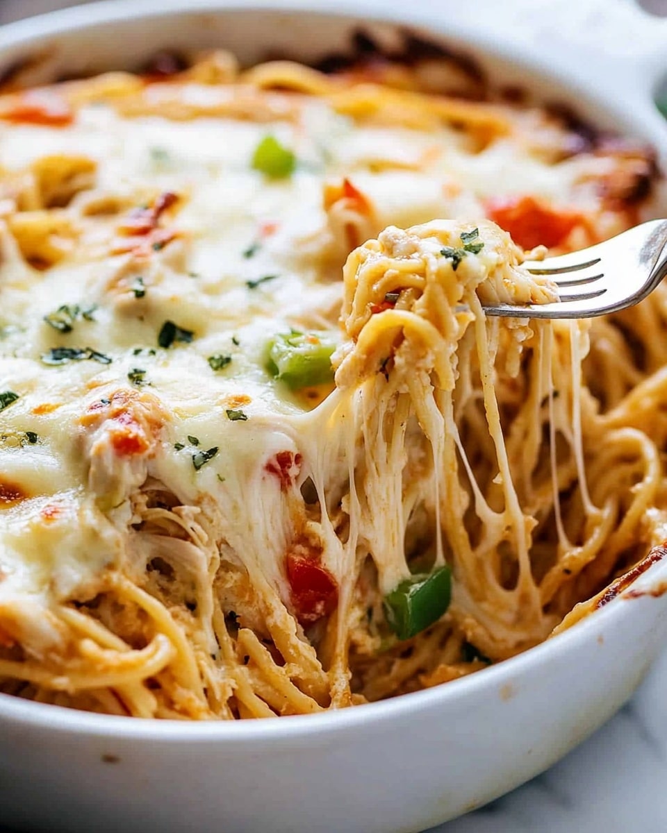 A close-up view of a baked pasta dish in a white ceramic dish, showing multiple layers beginning with tangled spaghetti noodles mixed with shredded chicken and small green pepper pieces. Scattered throughout are chunks of red tomato adding pops of color. The top layer is melted creamy white cheese that blankets the pasta unevenly, showing hints of golden brown where it has browned slightly. A fork lifts a tight bundle of noodles mixed with chicken and vegetables from the dish, emphasizing the creamy and rich texture of the meal. The dish is set on a white marbled surface. photo taken with an iphone --ar 4:5 --v 6.1