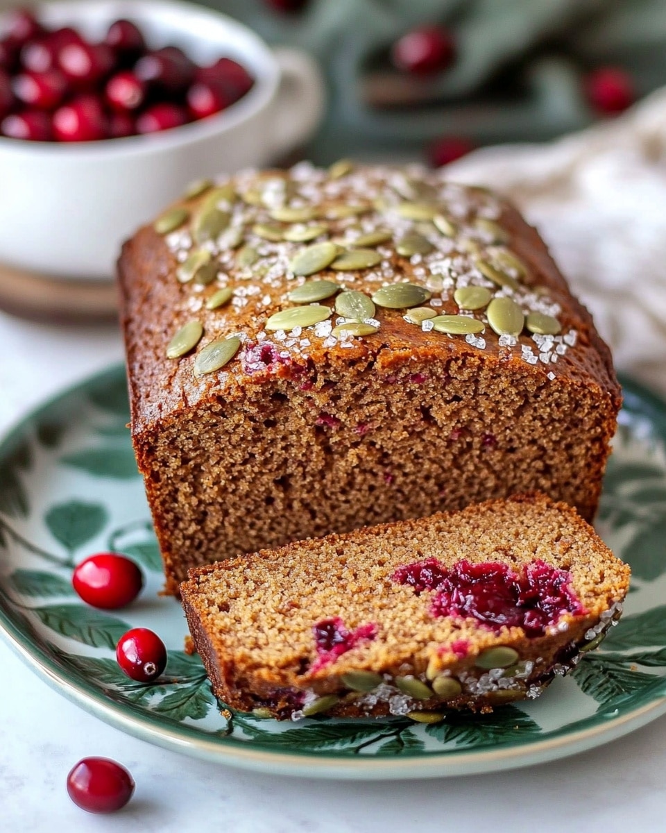 A loaf of brown cake with red berries inside rests on a green leaf-patterned plate on a white marbled surface. The cake has a rough top sprinkled with sliced nuts and sugar, giving it a crunchy texture. One slice is cut and placed in front, revealing the soft, moist inside with scattered red berries. In the blurry background, there is a white bowl filled with small red berries and a white mug, adding to the cozy setting. photo taken with an iphone --ar 4:5 --v 6.1