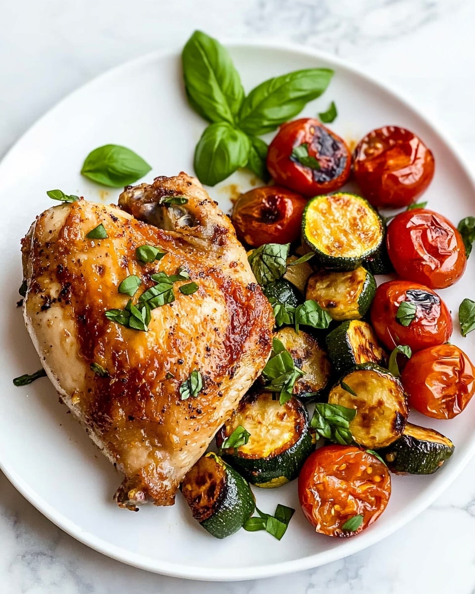 On a white plate set on a white marbled surface, there is a single piece of cooked chicken with a golden brown crispy skin and some small green herb leaves on top. Next to the chicken, there is a mix of roasted vegetables, including halves and quarters of zucchini with dark green skin and light yellow flesh, charred in places, and red cherry tomatoes with a soft, shiny texture. The vegetables are sprinkled with fresh green basil leaves adding a fresh touch. The whole dish looks warm and inviting with a mix of rich browns, greens, and reds. photo taken with an iphone --ar 4:5 --v 6.1