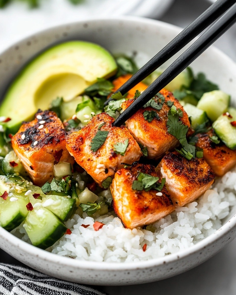 A white bowl holds a layered dish with a base of soft white rice, topped with golden-brown crispy chunks of seasoned chicken covered lightly with creamy sauce. Next to the chicken is a fresh cucumber salad made of small green cucumber pieces mixed with chopped herbs, sprinkled with red chili flakes. A lime wedge sits at the back of the bowl. Woman's hand is holding black chopsticks, picking up a square piece of chicken, showing texture and sauce details. The dish is placed on a white marbled surface with a striped cloth to the side. Photo taken with an iphone --ar 4:5 --v 6.1