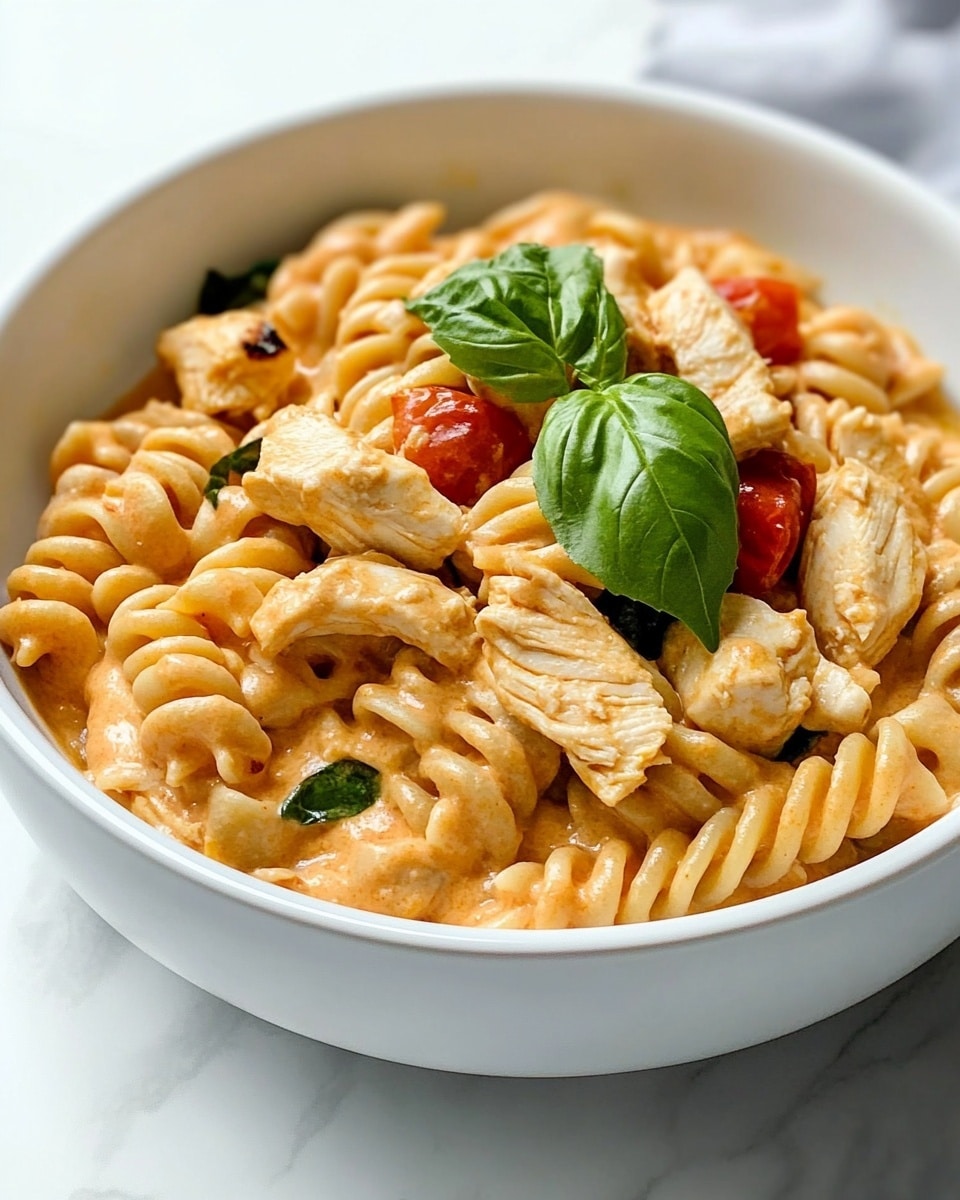 The image shows a white bowl filled with twisted spiral pasta mixed with a creamy, light orange sauce. Inside the pasta, there are pieces of white grilled chicken and small chunks of red tomato. Green leaves, likely basil, are scattered throughout the dish and three fresh basil leaves sit on top as a garnish. The bowl rests on a white marbled surface with a soft, neutral background. The lighting highlights the creamy texture of the sauce and the slight char on the chicken pieces, making the dish look warm and inviting. Photo taken with an iphone --ar 4:5 --v 6.1