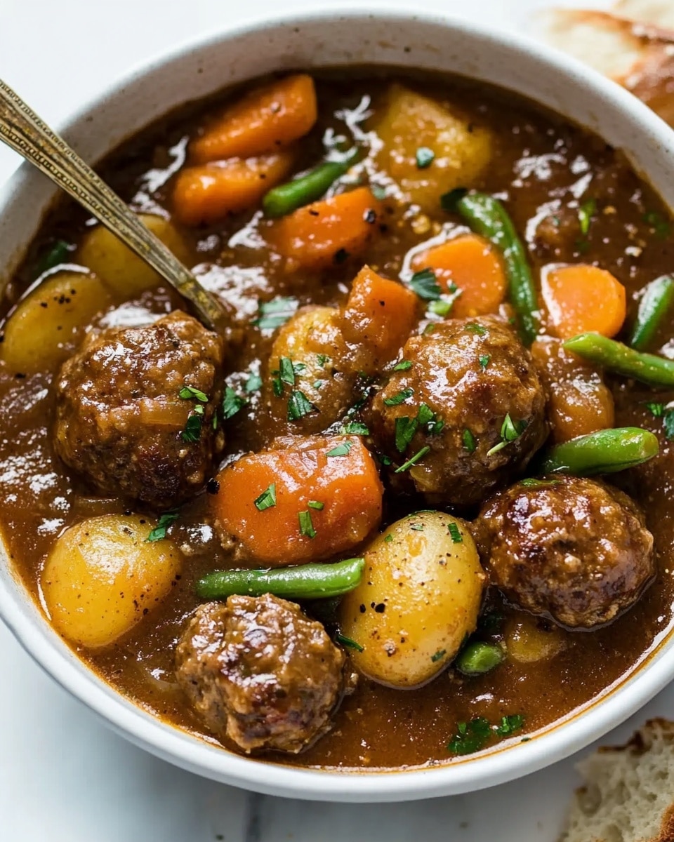 A white bowl filled with a thick brown stew that has several round meatballs and large chunks of yellow potatoes, bright orange carrots, and green beans mixed throughout. The stew is rich and glossy, with specks of black pepper and fresh green herbs sprinkled on top. A silver spoon with a wooden handle rests inside the bowl, showing some of the stew coating it. The bowl sits on a white marbled surface, with pieces of bread partly visible near the bowl. Photo taken with an iphone --ar 4:5 --v 6.1