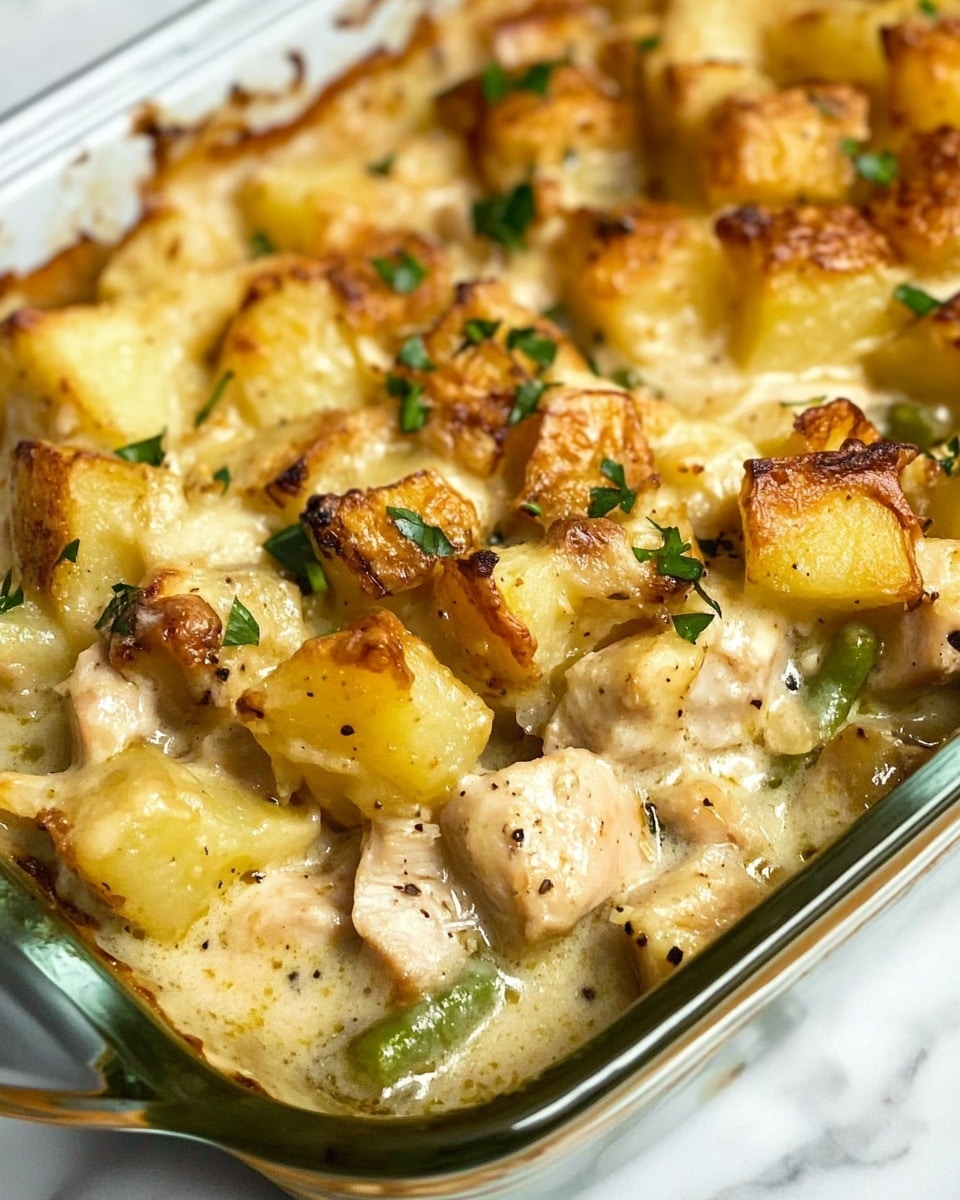 The image shows a close-up of a casserole dish filled with a baked meal. The top layer consists of golden-brown cubes of potatoes with crisp edges sprinkled with fresh green herbs, giving a crunchy texture. Below the potatoes, there is a creamy white sauce covering pieces of tender chicken and some green beans or asparagus, visible through the sauce. The casserole is served in a clear glass baking dish placed on a white marbled surface. The colors are warm and inviting with a mix of golden yellow, creamy white, and touches of green. photo taken with an iphone --ar 4:5 --v 6.1