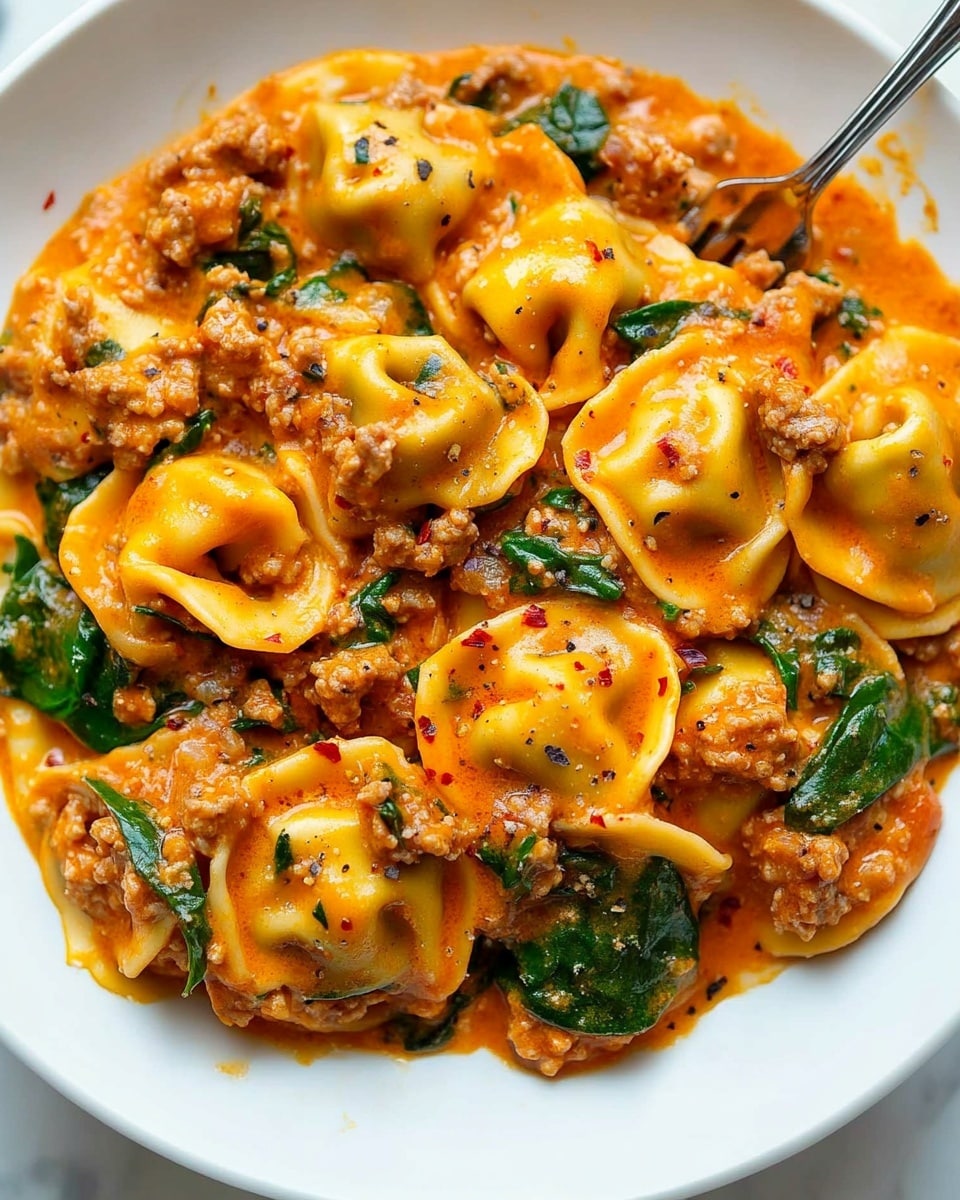 The dish is served in a white plate placed on a white marbled surface. It consists of several layers of round tortellini pasta filled and coated in a thick orange creamy sauce. Mixed throughout are small chunks of cooked ground meat and bright green leafy spinach, evenly spread around the pasta. There are small red chili flakes sprinkled over the dish, adding texture and color contrast. The sauce looks rich and smooth, covering each piece of tortellini fully, and a silver fork is resting at the edge of the food on the plate. Photo taken with an iphone --ar 4:5 --v 6.1