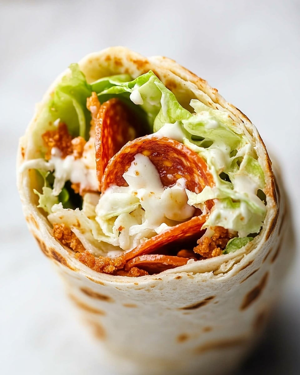 A close-up view of a wrap held by a woman's hand, showing three visible layers from top to bottom: bright green lettuce pieces with creamy white dressing, light crispy golden-brown chunks of chicken, and a soft, pale tortilla wrapping the fillings tightly. The background is a white marbled surface, making the colors of the ingredients pop. The wrap has a neat, compact shape with some shredded white cheese peeking through at the edges photo taken with an iphone --ar 4:5 --v 6.1