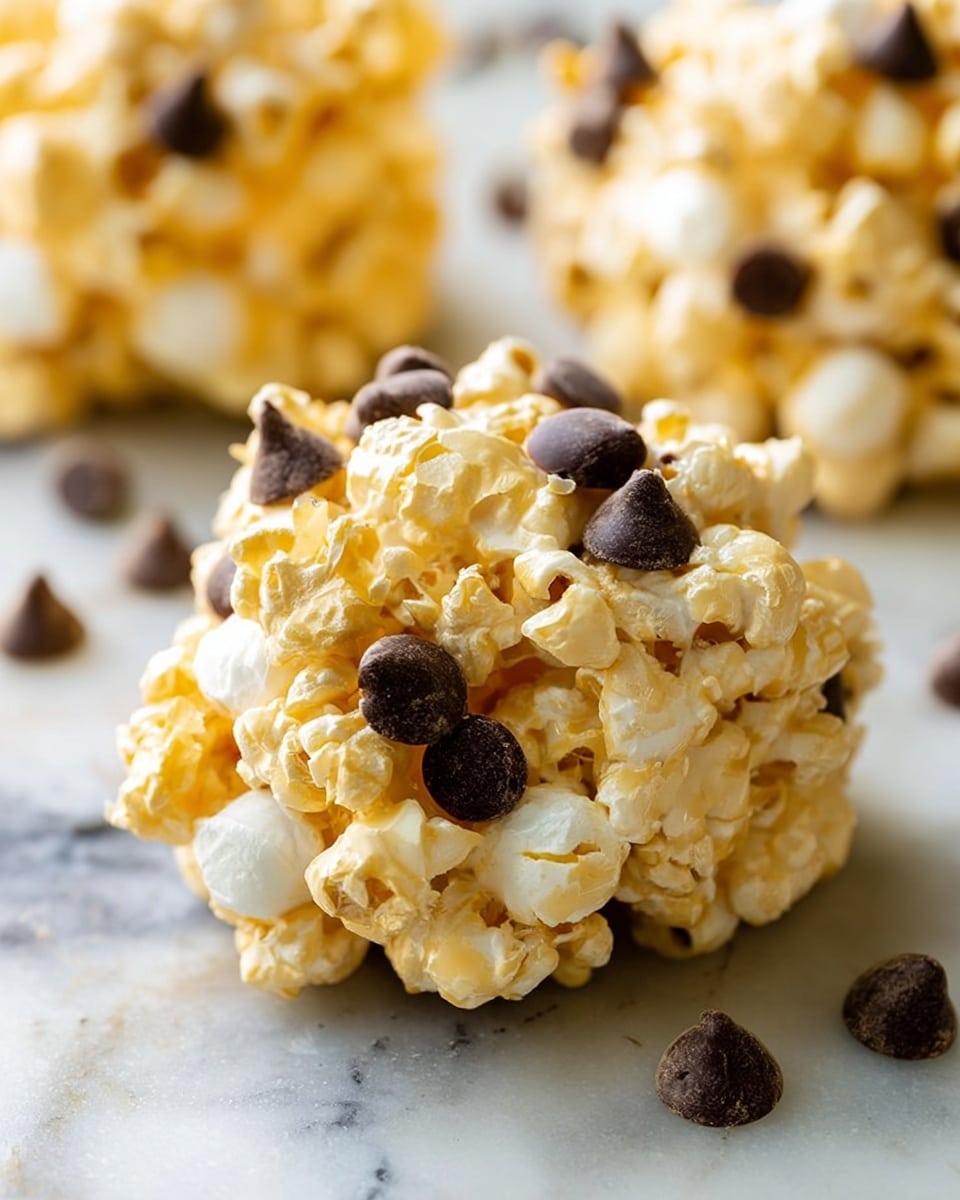 A close-up view of a crunchy dessert bar with three visible layers: the bottom layer is a light yellow solid base, the middle layer has white round marshmallows mixed with the yellow base, and the top layer is a textured yellow coating with scattered small dark brown chocolate chips on top and around the base. The dessert is placed on a silver baking tray with a worn finish. The background shows out-of-focus similar dessert bars and scattered chocolate chips. Photo taken with an iphone --ar 4:5 --v 7
