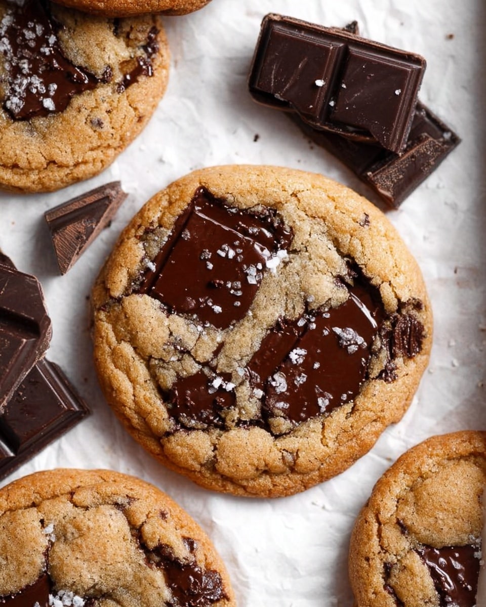 The image shows a close-up of a golden brown cookie with large, shiny dark chocolate chunks melted on the surface, sprinkled with a few grains of sea salt. The cookie has a slightly cracked texture and is one of several arranged closely together on a piece of white parchment paper. Near the cookie, chunks of dark chocolate bar pieces are scattered casually. The scene is set on a white marbled surface. photo taken with an iphone --ar 4:5 --v 7