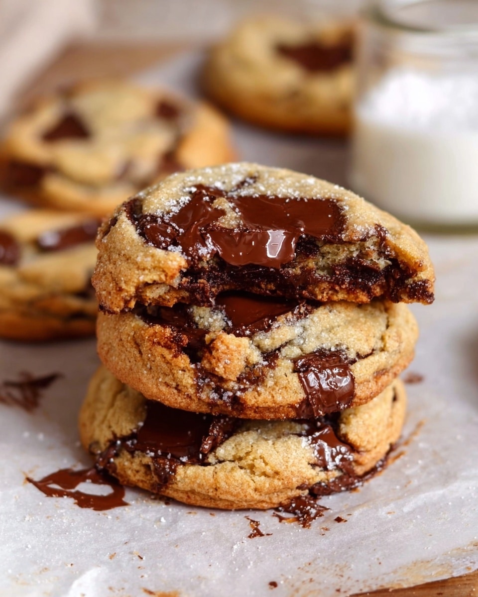 A stack of three soft chocolate chip cookies is centered on a white marbled surface covered with parchment paper. The cookies have a light golden brown color with large, melted dark chocolate chunks visible in each layer, making the cookies look rich and warm. The top cookie is slightly broken, showing gooey chocolate inside. In the background, more cookies are placed flat, and there is a small glass jar filled with white sugar beside them. The overall look is cozy and inviting with a focus on the thick layers of chocolate inside each cookie. photo taken with an iphone --ar 4:5 --v 7